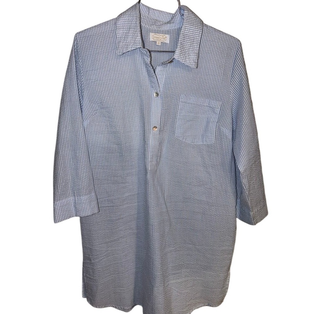 Mud Pie Womens Seersucker Tunic Top Blue White Striped 3/4 Sleeve Size Small 4-6